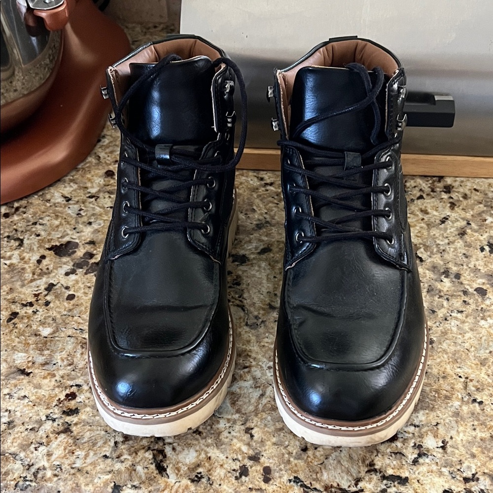 Steve Madden Black Leather Lace-Up Boots with Tan Sole Trim